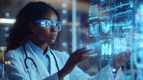 Physician uses AI holography to analyze health data in a tech-driven setting.