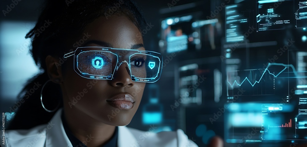 Advanced cybersecurity solutions managed by a black female professional via holography. Advanced cybersecurity solutions managed by a black female professional via holography.