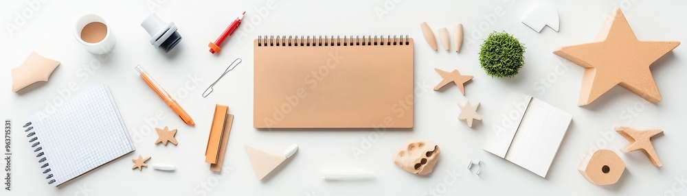 An overhead shot of a desk with ecofriendly office supplies and a notebook labeled Lean Startup Plan, with plenty of empty space for text copy An overhead shot of a desk with ecofriendly office supplies and a notebook labeled Lean Startup Plan, with plenty of empty space for text copy