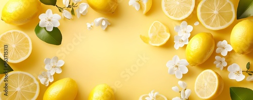 Fresh Lemons and White Flowers on a Yellow Background photo