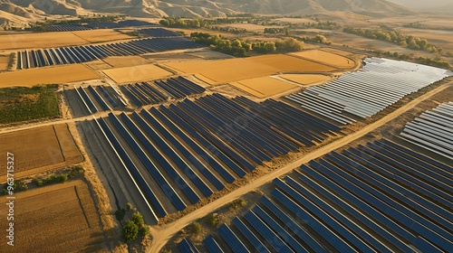 Aerial perspective of sprawling solar farms replacing parched agricultural land, highlighting the shift towards renewable energy amidst a changing climate. photo