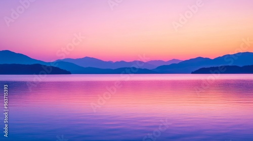 Serene lake at sunset with mountains in