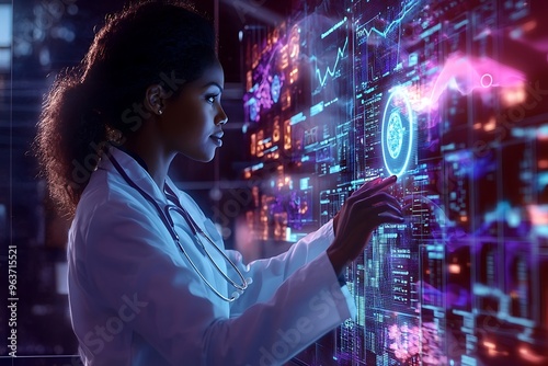 Futuristic medical research by a black female doctor using AI holograms.