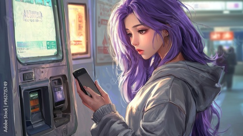 The concept of financial technology and convenience is shown in this image of a woman using her mobile device to shop online at a modern digital kiosk in evening light