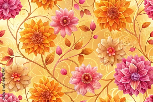 Wallpaper Mural A seamless repeating pattern of stylized flowers in shades of pink and orange, set against a soft, gradient yellow background, with intricate details and textures that give a sense of realism Torontodigital.ca