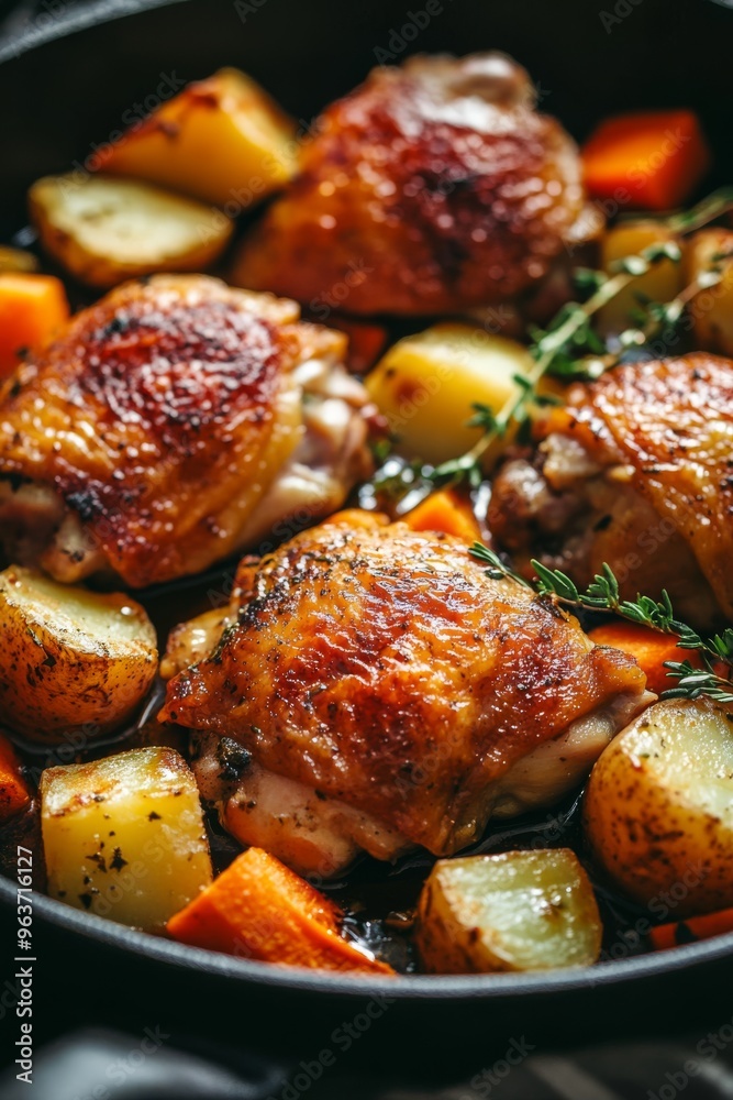 Close-Up of Roasted Chicken Thighs with Carrots and Potatoes in a Cast-Iron Pan Close-Up of Roasted Chicken Thighs with Carrots and Potatoes in a Cast-Iron Pan