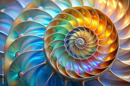 Macro view of a nautilus shell, focusing on the logarithmic spiral pattern of its chambers, with iridescent colors shimmering in the light and a soft