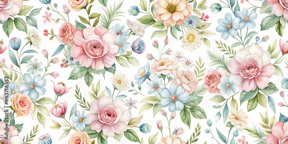 Delicate blooms in soft pastel hues arranged in a seamless repeating pattern on a crisp white background Delicate blooms in soft pastel hues arranged in a seamless repeating pattern on a crisp white background