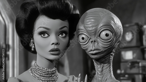 A glamorous Black woman in vintage attire poses with a wide-eyed alien in a playful, retro 1960s sci-fi setting.