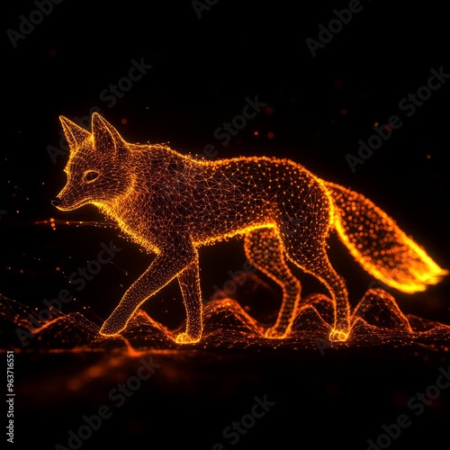 Luminous Fox Silhouette in Nightscape: 8K Unity Art with Bold Outline and Pointillism photo