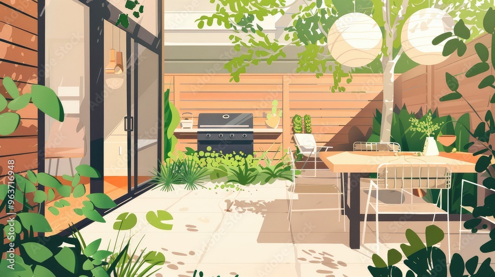 Fototapeta premium Modern Backyard Patio with BBQ Grill and Dining Area