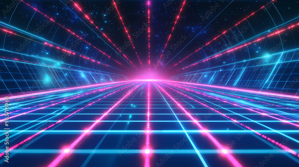 3d retro neon blue abstract background with laser lines. synthwave grid videogame style. vj futuristic sci-fi wireframe net. disco music template. Retro. Illustration 3d retro neon blue abstract background with laser lines. synthwave grid videogame style. vj futuristic sci-fi wireframe net. disco music template. Retro. Illustration