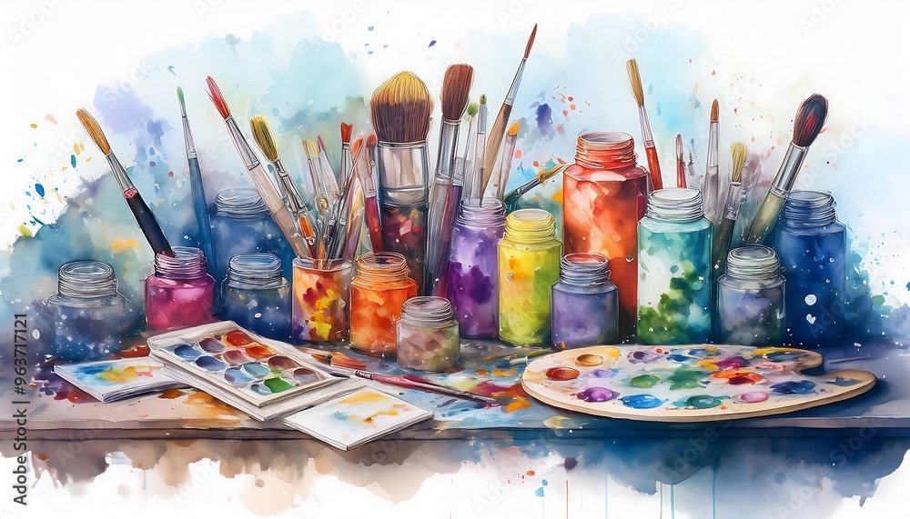 Art Class Supplies Scene - watercolor illustration of art class items assortment - paint tubes, brushes, paint palette, sketchbook, and a few scattered sheets of paper. Graphic art illustration Art Class Supplies Scene - watercolor illustration of art class items assortment - paint tubes, brushes, paint palette, sketchbook, and a few scattered sheets of paper. Graphic art illustration