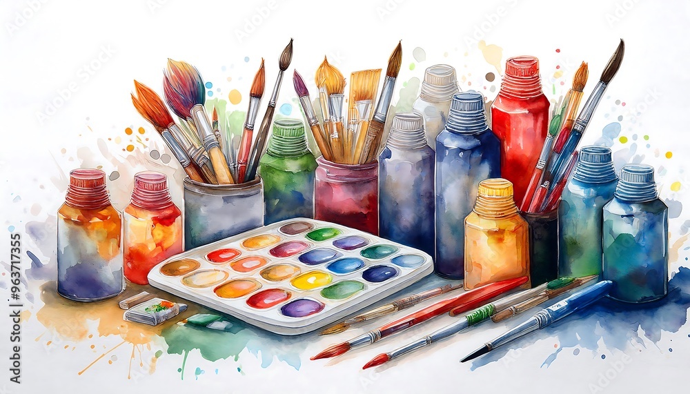 Fototapeta premium Art Class Supplies Scene - watercolor illustration of art class items assortment - paint tubes, brushes, paint palette, sketchbook, and scattered sheets of paper. Graphic art illustration