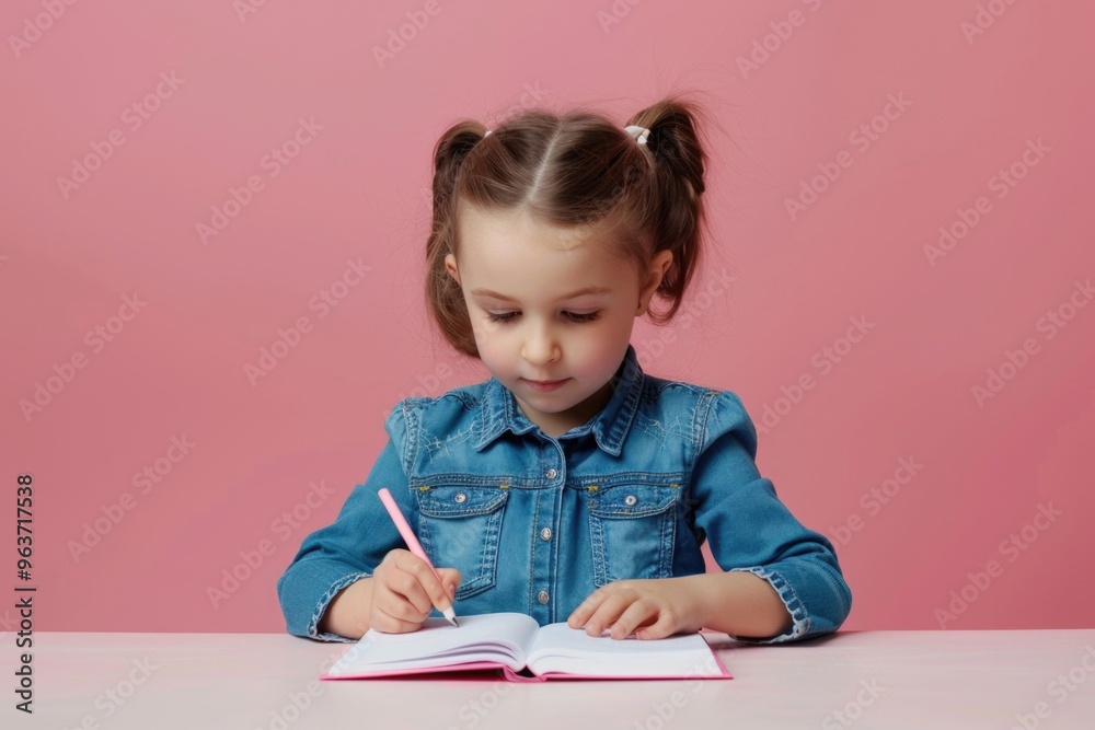 A young child sits at a table writing in a book, concentrating on her task