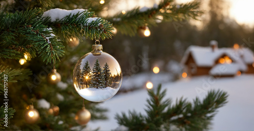 A Christmas tree with a glass ornament hanging from it. The ornament is a clear ball with a snow scene inside. Scene is festive and joyful