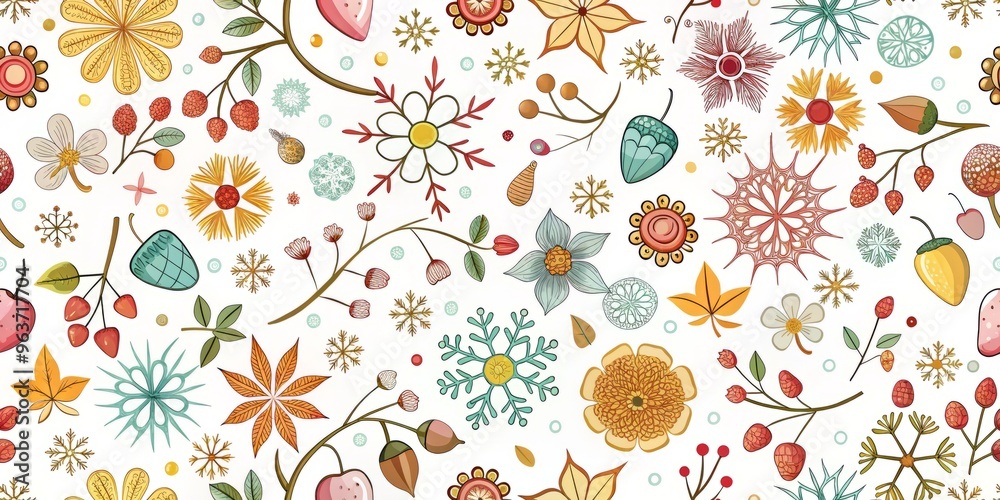 Delicate, hand-drawn pattern of interconnected elements, including cherry blossoms for spring, suns for summer, acorns for autumn, and snowflakes for winter, showcased against a clean Delicate, hand-drawn pattern of interconnected elements, including cherry blossoms for spring, suns for summer, acorns for autumn, and snowflakes for winter, showcased against a clean