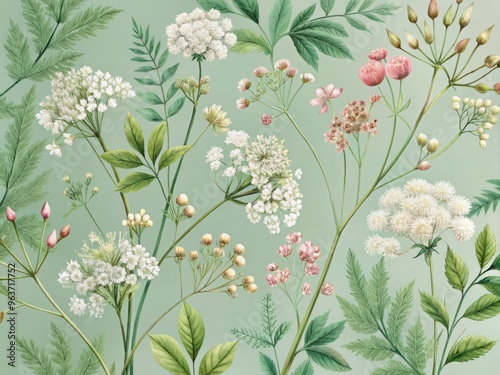 Delicate botanical illustration on a soft, muted green background