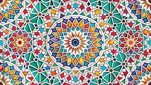 A stylized and modern take on traditional Islamic geometric patterns in bold and vibrant colors on a crisp white background