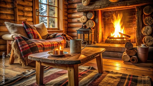 Warm and cozy interior of a rustic cabin on a winter evening, featuring a crackling fireplace, plush throw blankets, and a steaming mug of hot cocoa on a wooden coffee table. photo