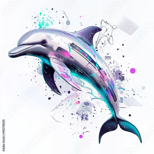 Psychedelic Cyborg Dolphin Digital Art: Minimalist Dreamy Illustration photo