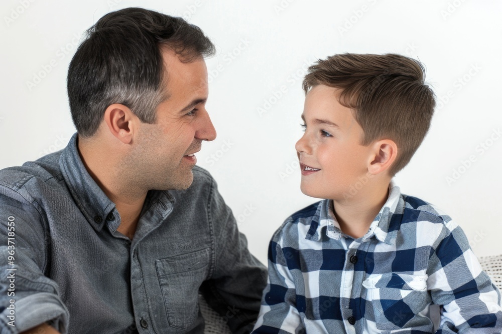 A man and a young boy sit together on a couch, sharing a moment A man and a young boy sit together on a couch, sharing a moment
