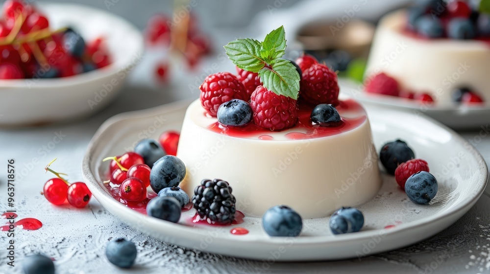 Exquisite Panna Cotta with Fresh Berries and Mint Garnish Exquisite Panna Cotta with Fresh Berries and Mint Garnish