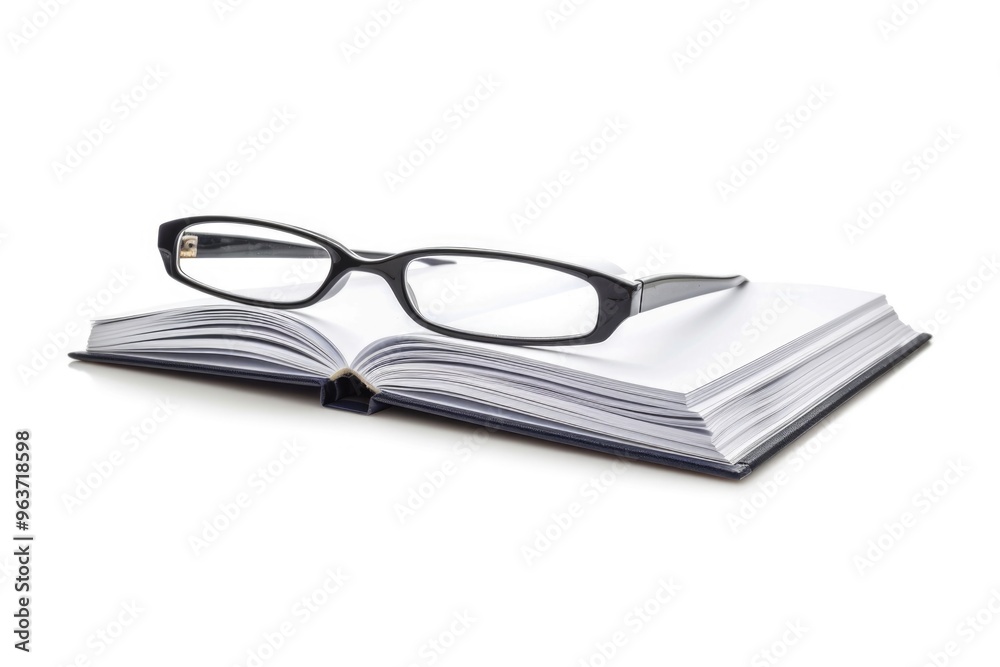 A pair of glasses resting on the cover of an open book, perfect for a study or reading scene A pair of glasses resting on the cover of an open book, perfect for a study or reading scene