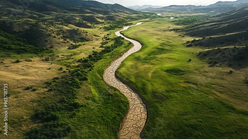 A dried riverbed snaking through a green valley, captured from above, showing the contrast between the parched channel and the surrounding vegetation.