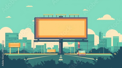 Urban Billboard in a Vibrant Cityscape with Clear Blue Sky