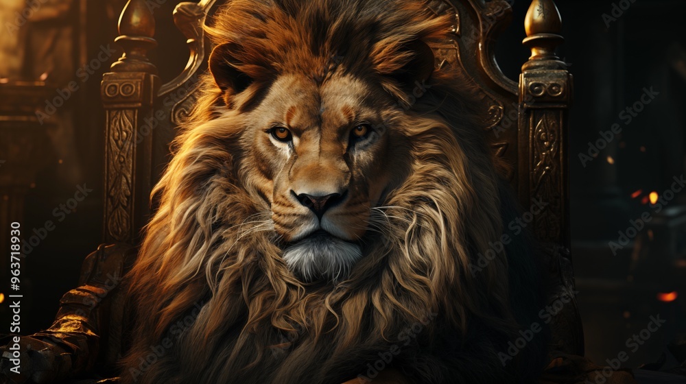 Majestic lion king wearing golden crown sitting on the wooden throne Majestic lion king wearing golden crown sitting on the wooden throne