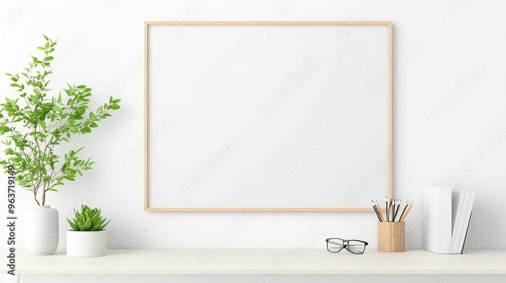 A sleek, modern hybrid office with travelfriendly tech gadgets displayed on a desk, featuring a large blank wall for text copy space A sleek, modern hybrid office with travelfriendly tech gadgets displayed on a desk, featuring a large blank wall for text copy space