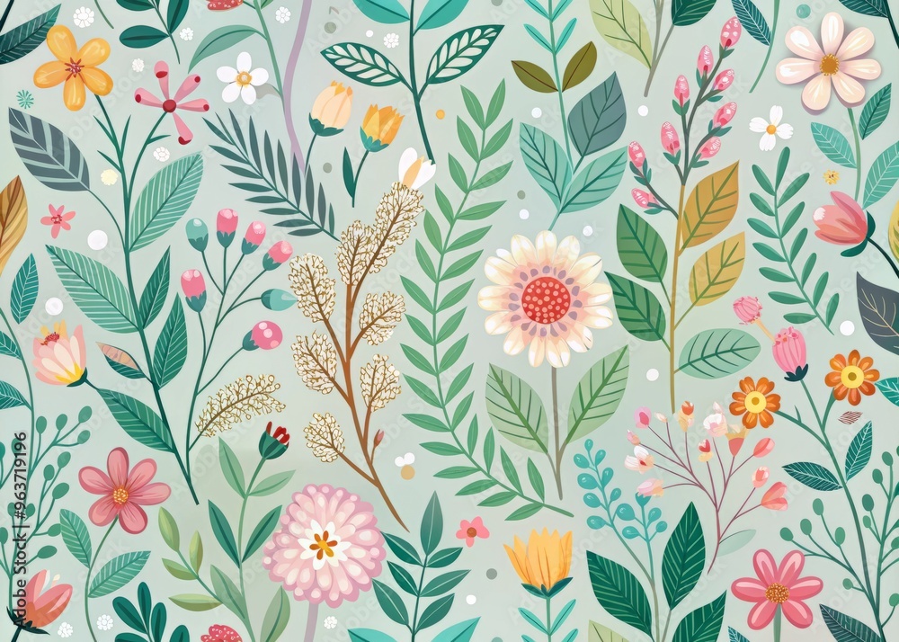 A whimsical illustration of a spring garden, with a repeating pattern of flowers, leaves, and branches in soft, muted colors, arranged in a playful and organic design on a gentle, gradient background. A whimsical illustration of a spring garden, with a repeating pattern of flowers, leaves, and branches in soft, muted colors, arranged in a playful and organic design on a gentle, gradient background.