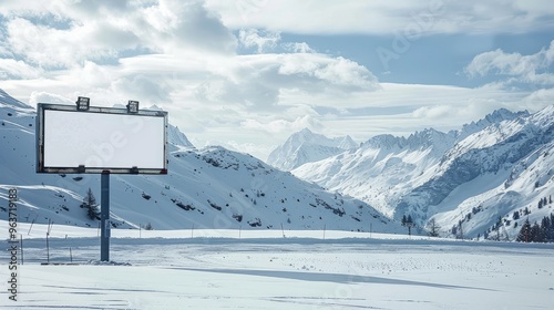 Serene Winter Landscape Featuring Blank Outdoor Billboard in Majestic Mountains