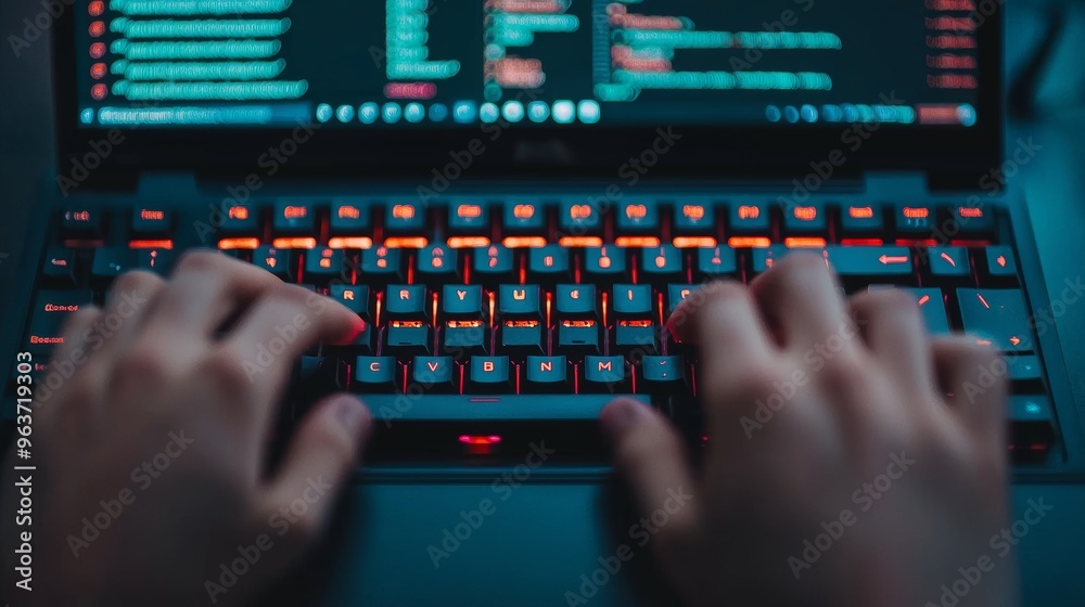 Hands Typing Furiously on a Vibrant Neon Lit Keyboard with Complex Code on the Screen Hands Typing Furiously on a Vibrant Neon Lit Keyboard with Complex Code on the Screen