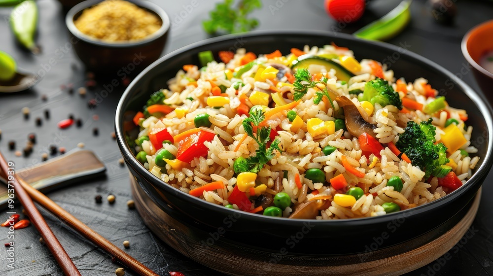 Colorful Vegetable Fried Rice with Fresh Ingredients in Elegant Presentation Colorful Vegetable Fried Rice with Fresh Ingredients in Elegant Presentation