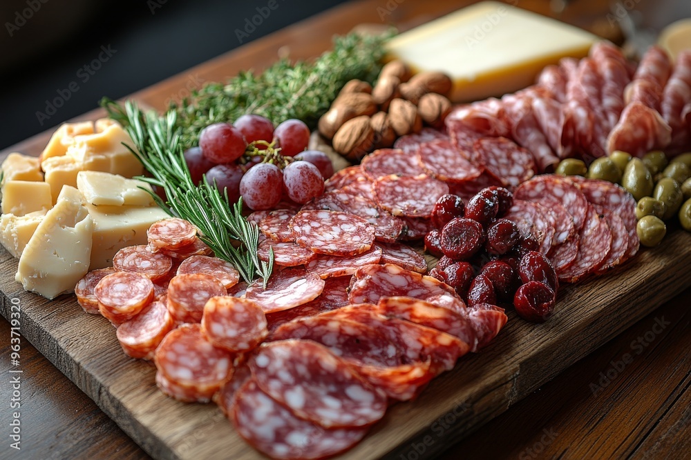 A beautifully arranged charcuterie board featuring an assortment of cheeses, cured meats, fresh fruits, and nuts. Generative AI