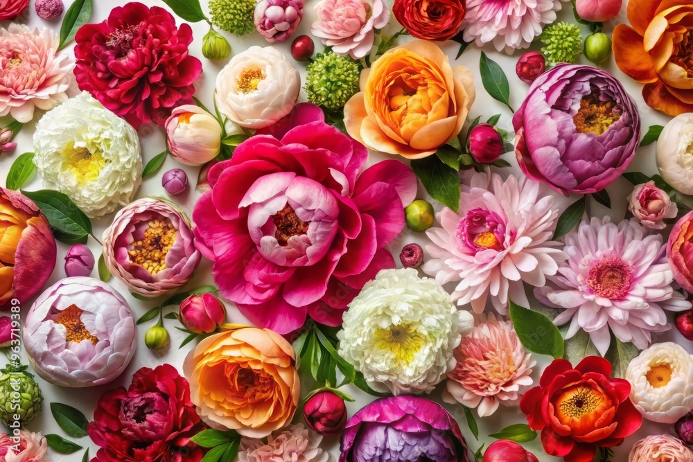 A stunning floral pattern featuring large, showy blooms of peonies, roses, and ranunculuses in bold, vibrant colors, arranged in a loose, organic design on a crisp white background