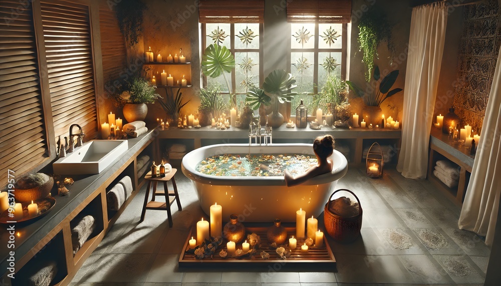 Luxurious Spa Bath with Candlelit Serenity Luxurious Spa Bath with Candlelit Serenity