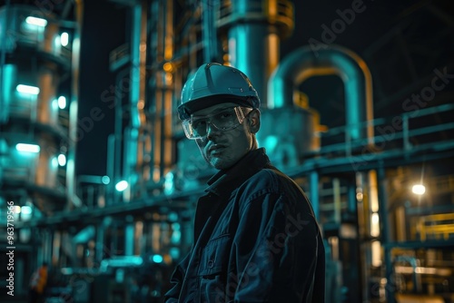 A person stands outside a factory at nighttime, possibly waiting for someone or something