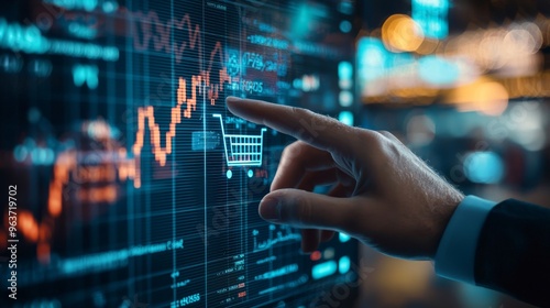 On a virtual screen, a businessman is touching an e-commerce sales growth graph with a shopping cart symbolizing future corporate growth