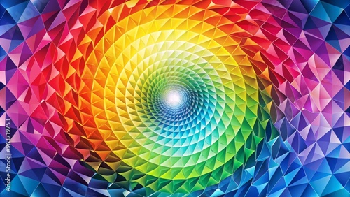 A psychedelic illustration featuring a swirling vortex of triangles in every color of the rainbow, arranged in a dizzying pattern that creates a sense of dynamic movement photo