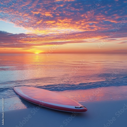 Sunrise Paddleboarding Paradise: Calm Waters, Pink Skies, and Tranquil Beaches photo