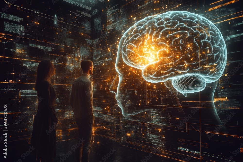 Obraz premium Brain power Cognitive organ Futuristic depiction of a glowing brain network in a cityscape symbolizing intellectual progress thought processes and innovation in a high tech setting