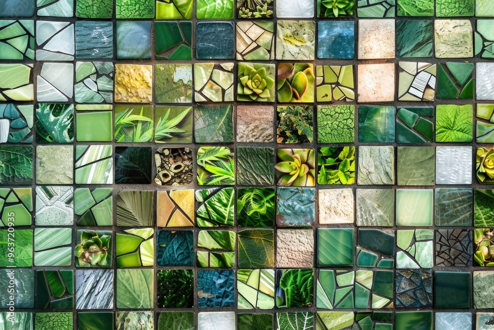 A close-up of mixed greens and yellows forming a mosaic pattern, suitable for backgrounds or decoration A close-up of mixed greens and yellows forming a mosaic pattern, suitable for backgrounds or decoration