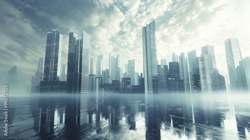 Serene Reflection of a Modern Urban Skyline in a Futuristic Cityscape