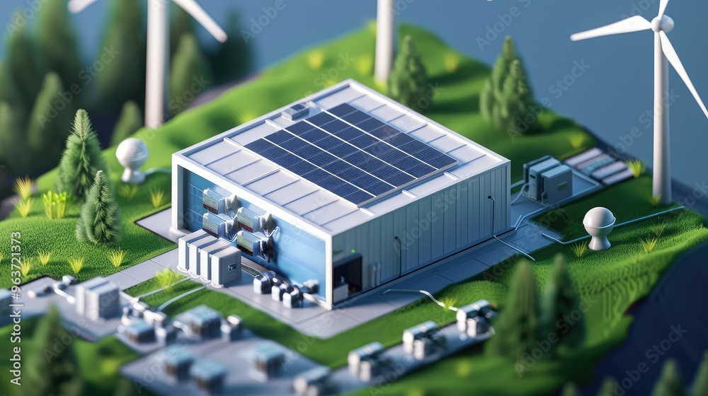 Innovative Renewable Energy Facility with Solar Panels and Wind Turbines