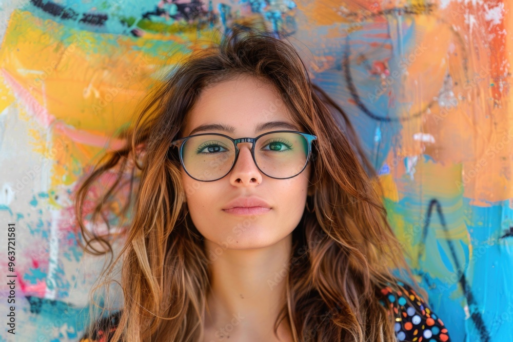 A woman wearing glasses stands in front of a vibrant and colorful ...