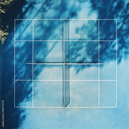 Sunlit Tennis Court: Aerial View of Empty Field with Shadows