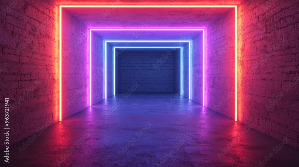 Vibrant Neon Tunnel with Glowing Frames and Concrete Floor Vibrant Neon Tunnel with Glowing Frames and Concrete Floor
